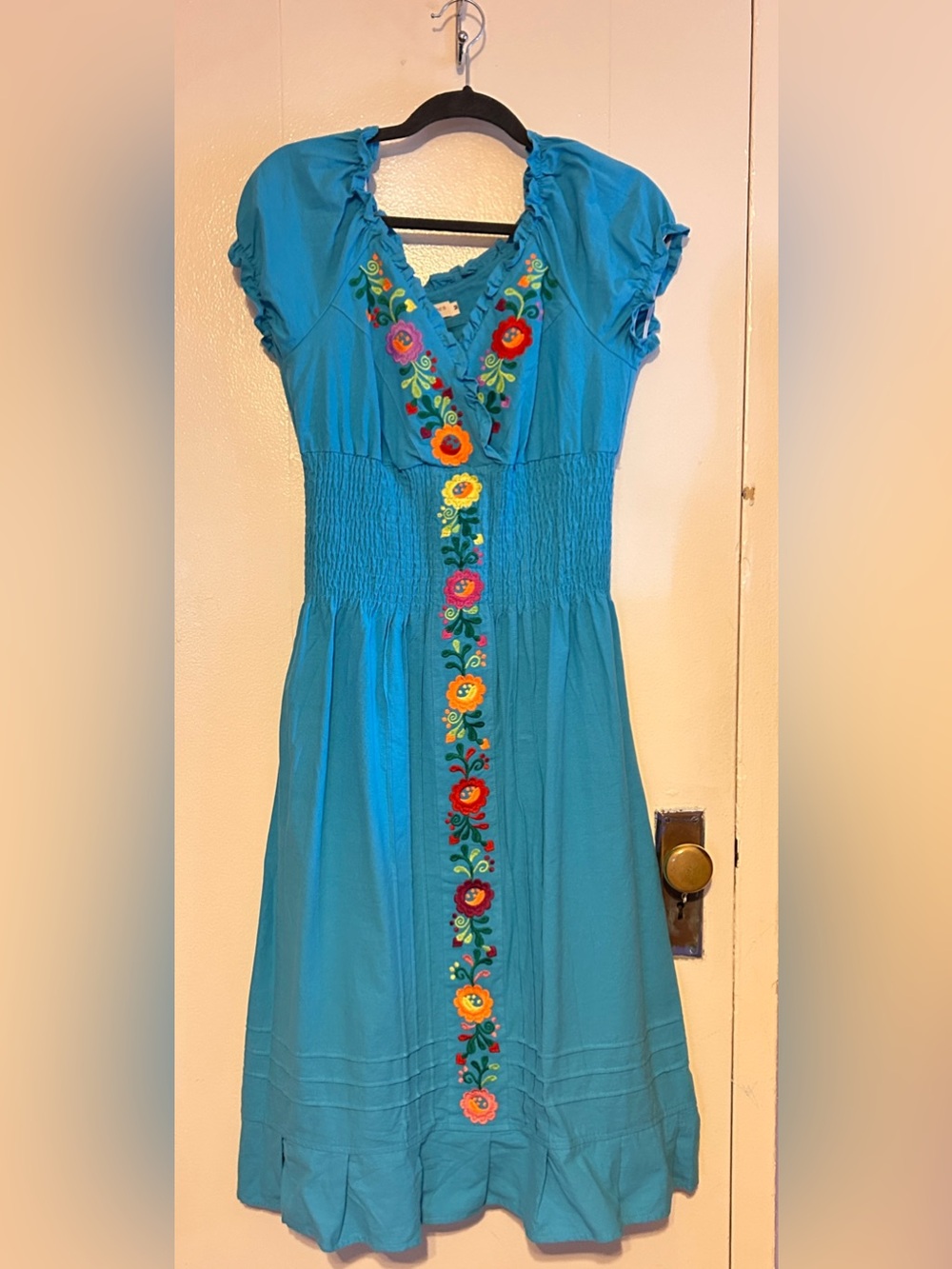 Turquoise Embroidered V-Neck Cotton Dress